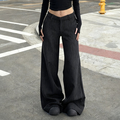 Damen weite Palazzo-Hose mit eleganten Streifen und hohem Bund Drune