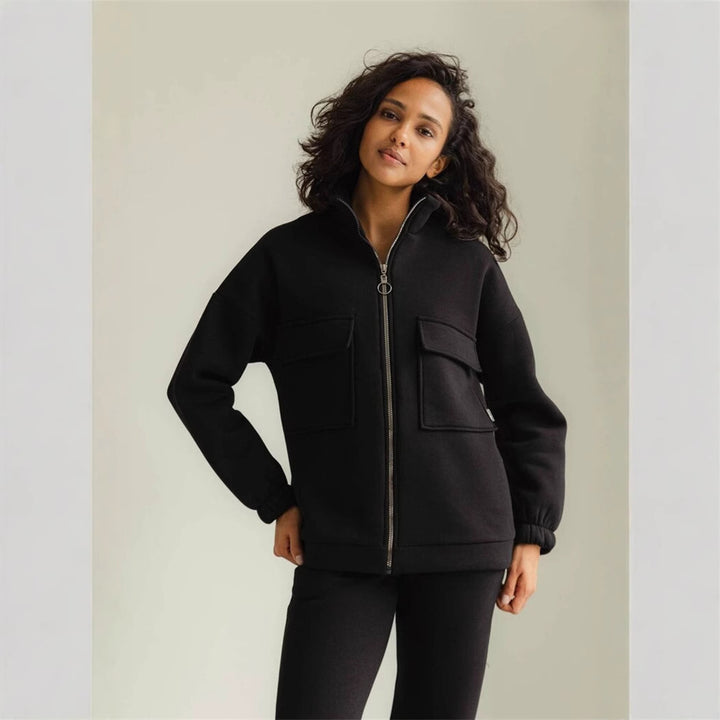 Damen bequeme Fleece-Jacke mit hohem Kragen und praktischen Taschen Drune