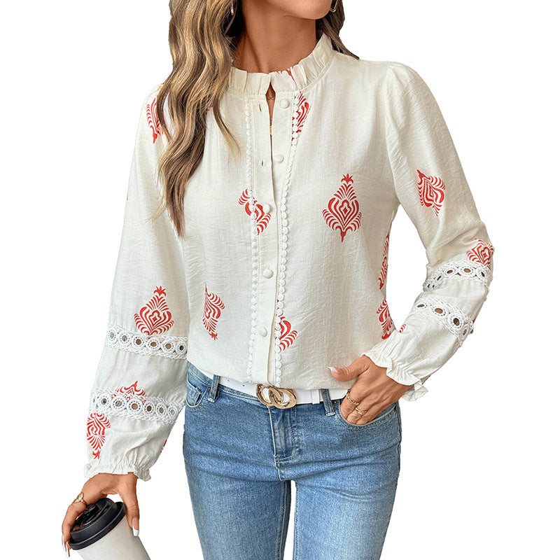 Damen Bluse mit romantischer Stickerei und Rüschendetails Drune