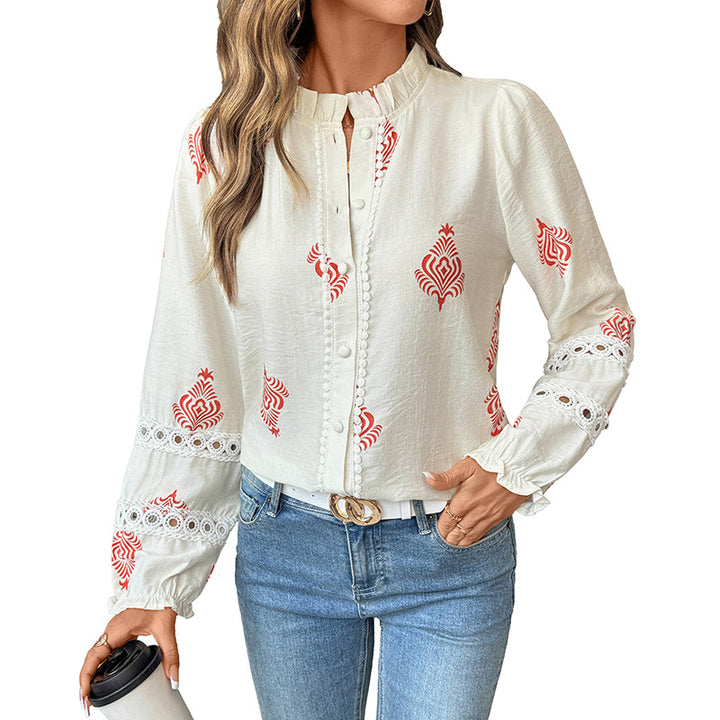 Damen Bluse mit romantischer Stickerei und Rüschendetails Drune