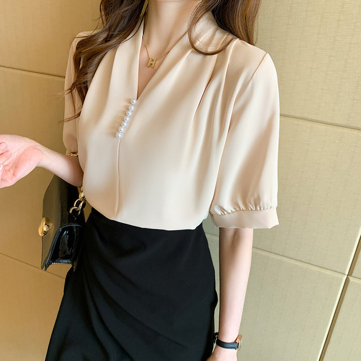 Damen Bluse mit elegantem V-Ausschnitt und feinen Perlendetails Drune