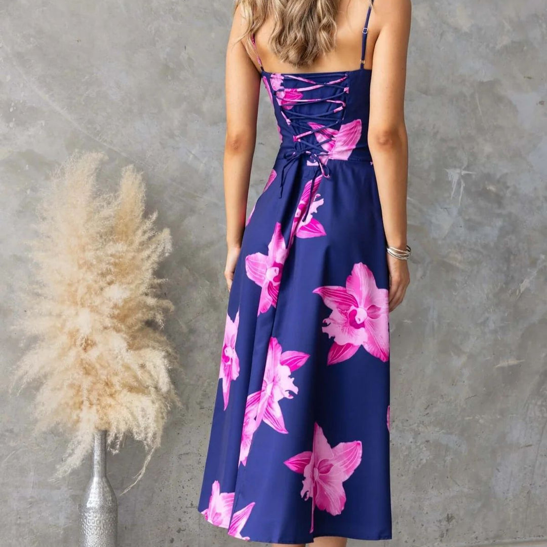 Damen Maxikleid mit floralem Muster und raffiniertem Rüschendetail Drune