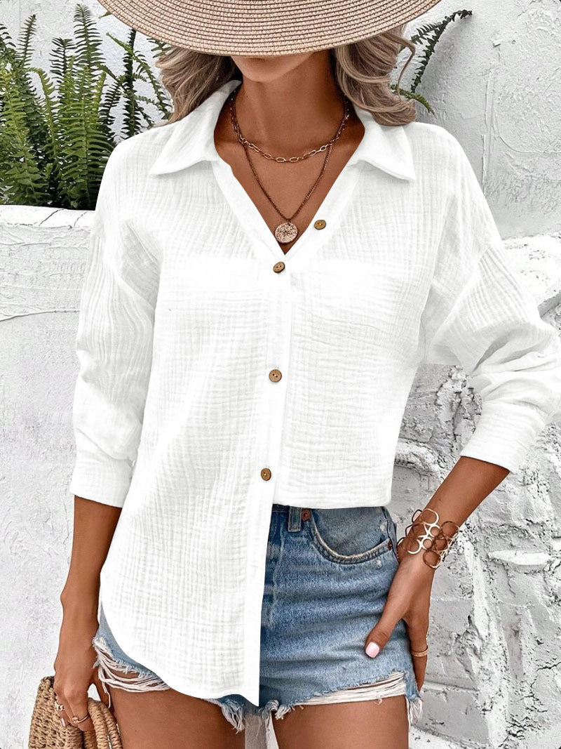 Damen Luftige Baumwollbluse mit knopfbaren Akzenten und elegantem Schnitt Drune