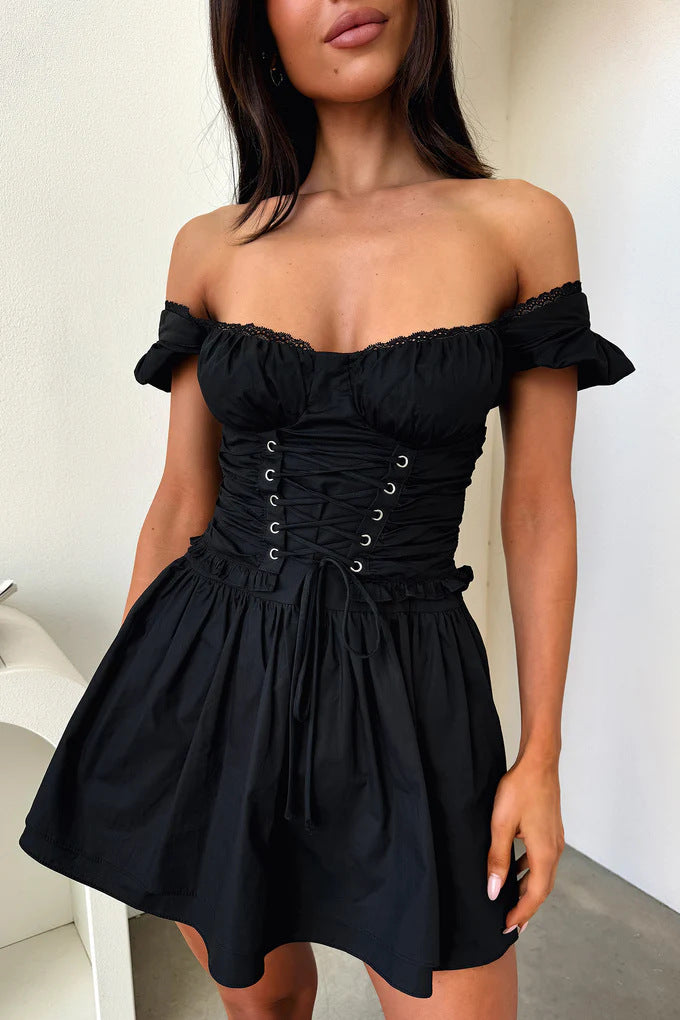Damen Off-Shoulder Kleid mit geschnürtem Brustbereich und schwingendem Rock Drune