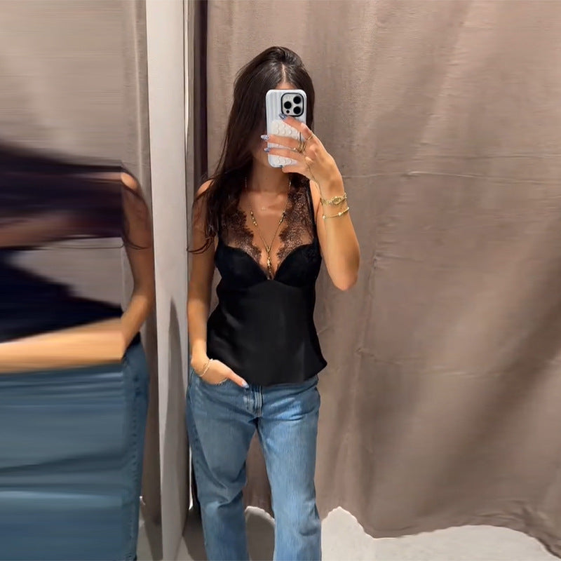 Damen Satin-Cami-Top mit feiner Spitze und verstellbaren Trägern Drune