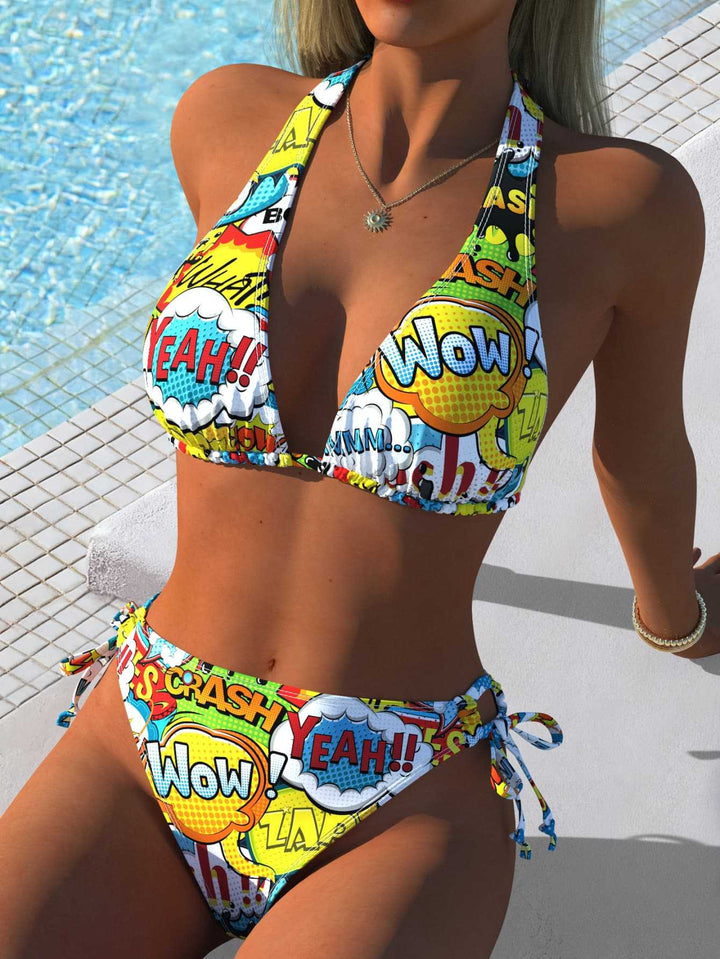 Damen Triangel-Bikini mit kreativem Comic-Print und verstellbaren seitlichen Bindebändern Drune
