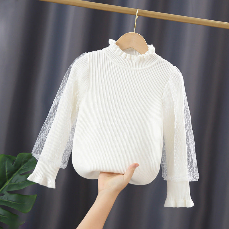 Mädchen elegantes Pullover mit transparenter Spitzenärmel Drune