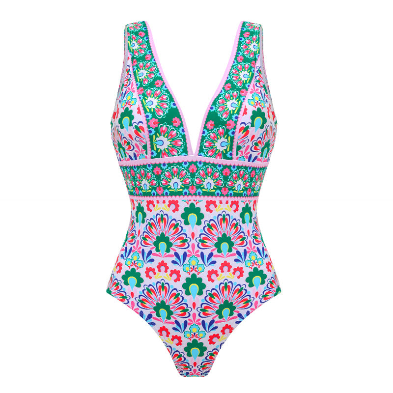 Damen Badeanzug mit durchgehendem floralem Muster und passendem Wickelrock Drune