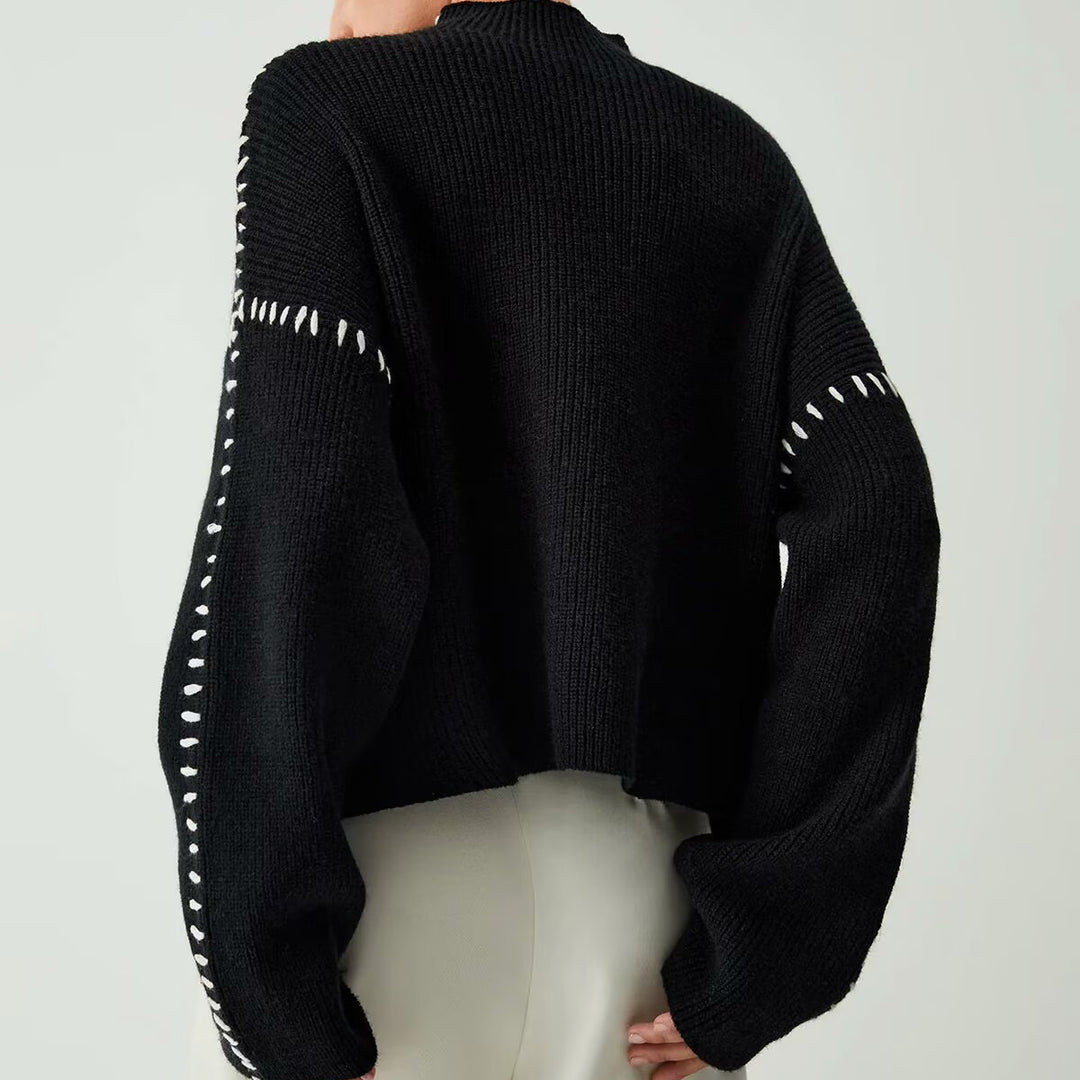Damen nan Grobstrick-Oversize-Pullover mit hoher Rollkragenkante und Zierstich-Ärmeln Drune