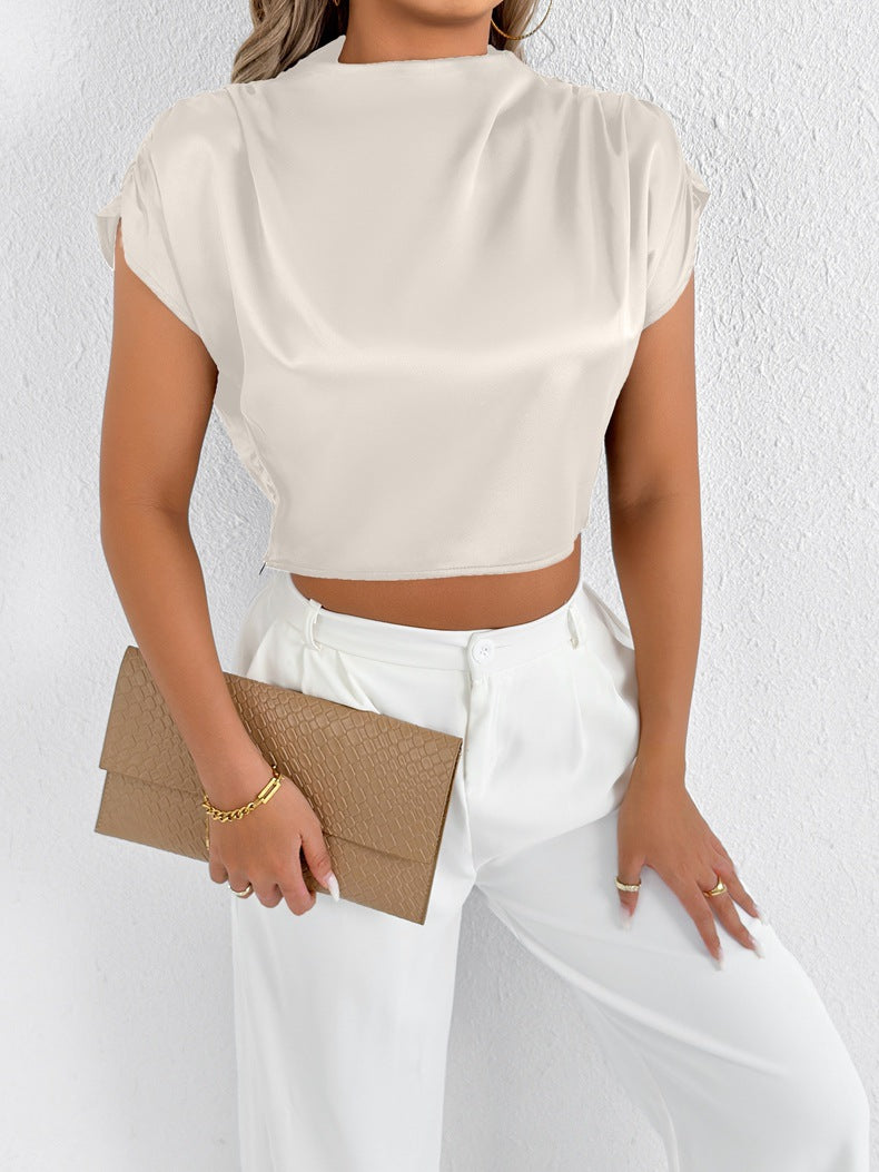 Damen Elegantes Kurzarm-Blusenshirt mit modernem Stehkragen Drune