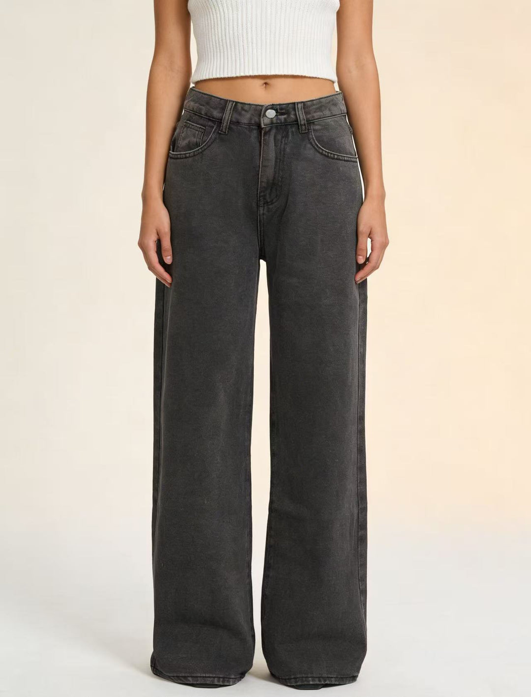 Damen weite Denim-Hose mit Vintage-Waschung und hoch geschnittenem Bund Drune
