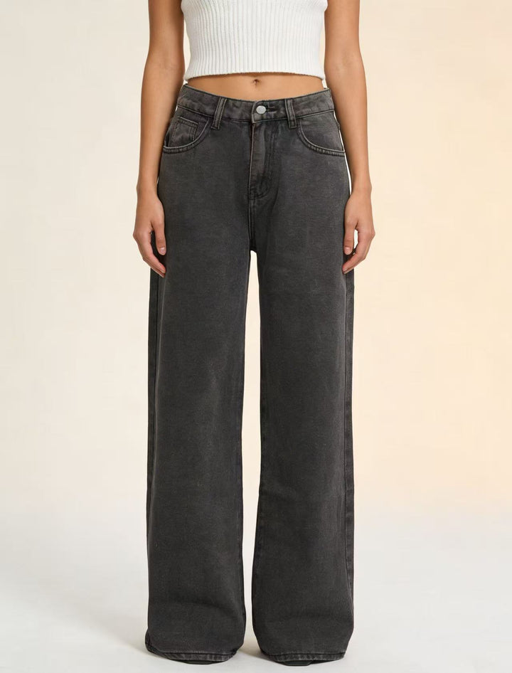 Damen weite Denim-Hose mit Vintage-Waschung und hoch geschnittenem Bund Drune