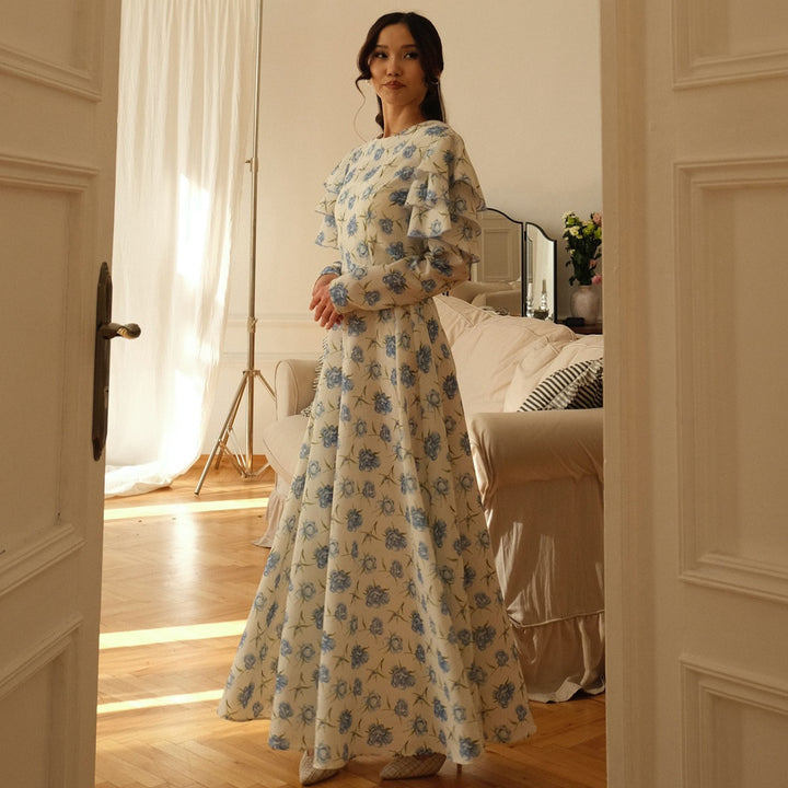 Damen Maxi-Kleid mit romantichem Rüschendesign und floralen Details Drune