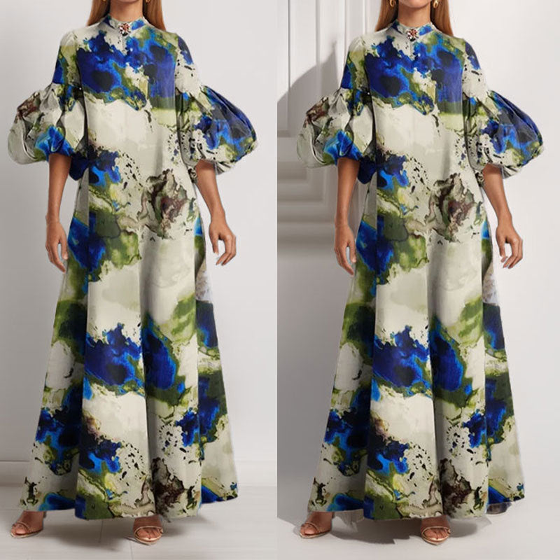 Damen Maxi-Kleid mit Volantärmeln und abstraktem Muster Drune