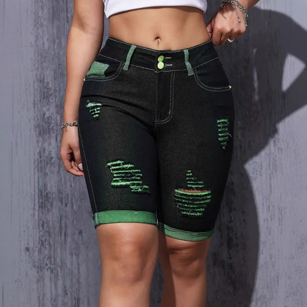 Damen Destroyed Denim-Shorts mit auffälligen Akzenten und hohem Bund Drune