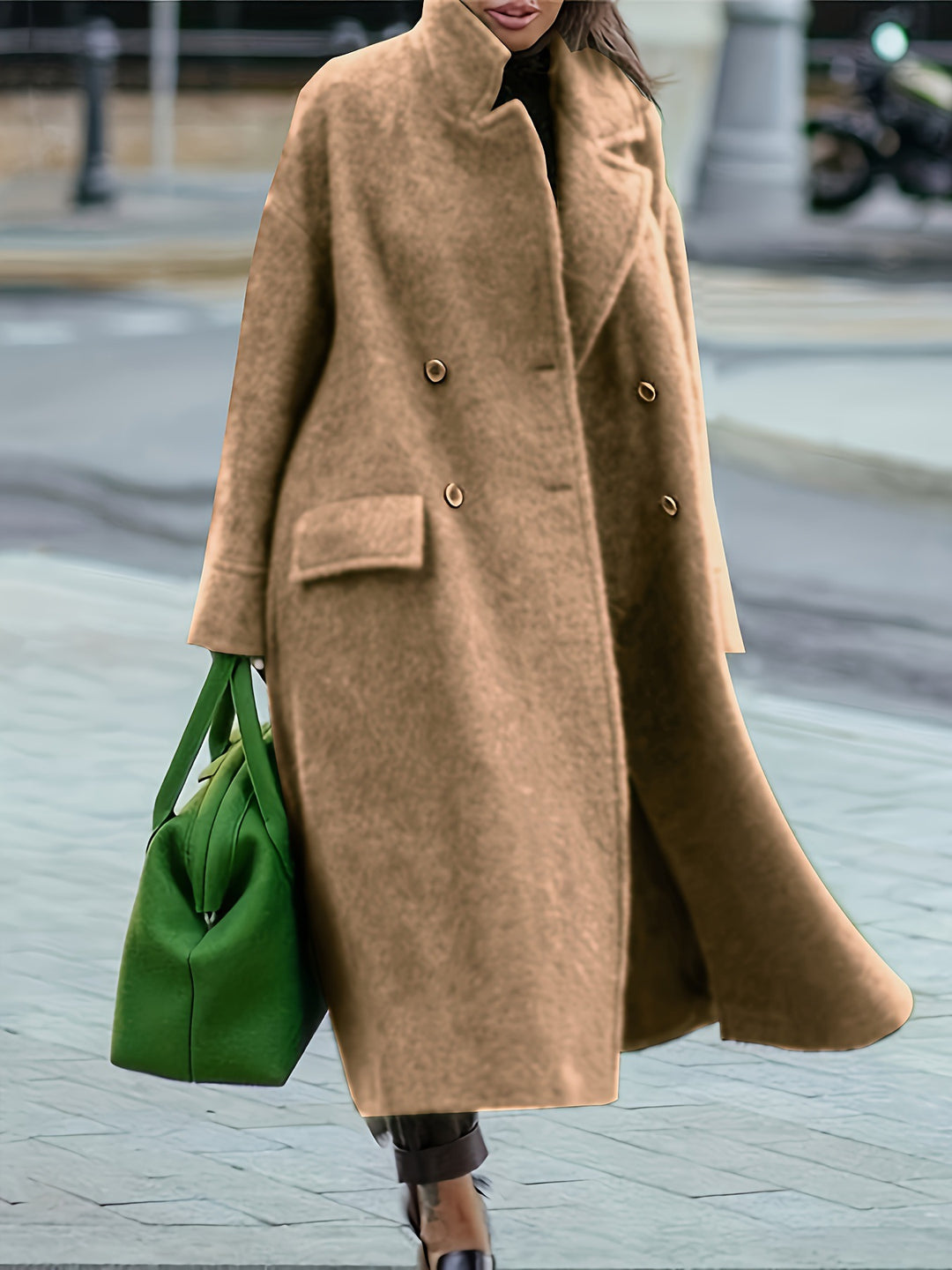 Damen nan Cape-ähnlicher doppelreihiger Wollmantel mit weitem Fall, hohem Stehkragen und Pattentaschen Drune