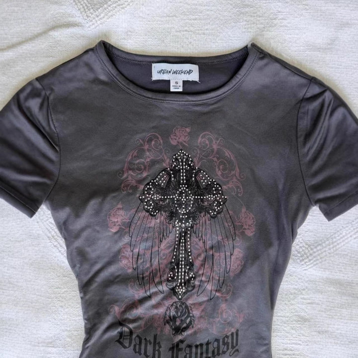 Damen T-Shirt mit funkelndem Grafikkreuz und floralem Design Drune