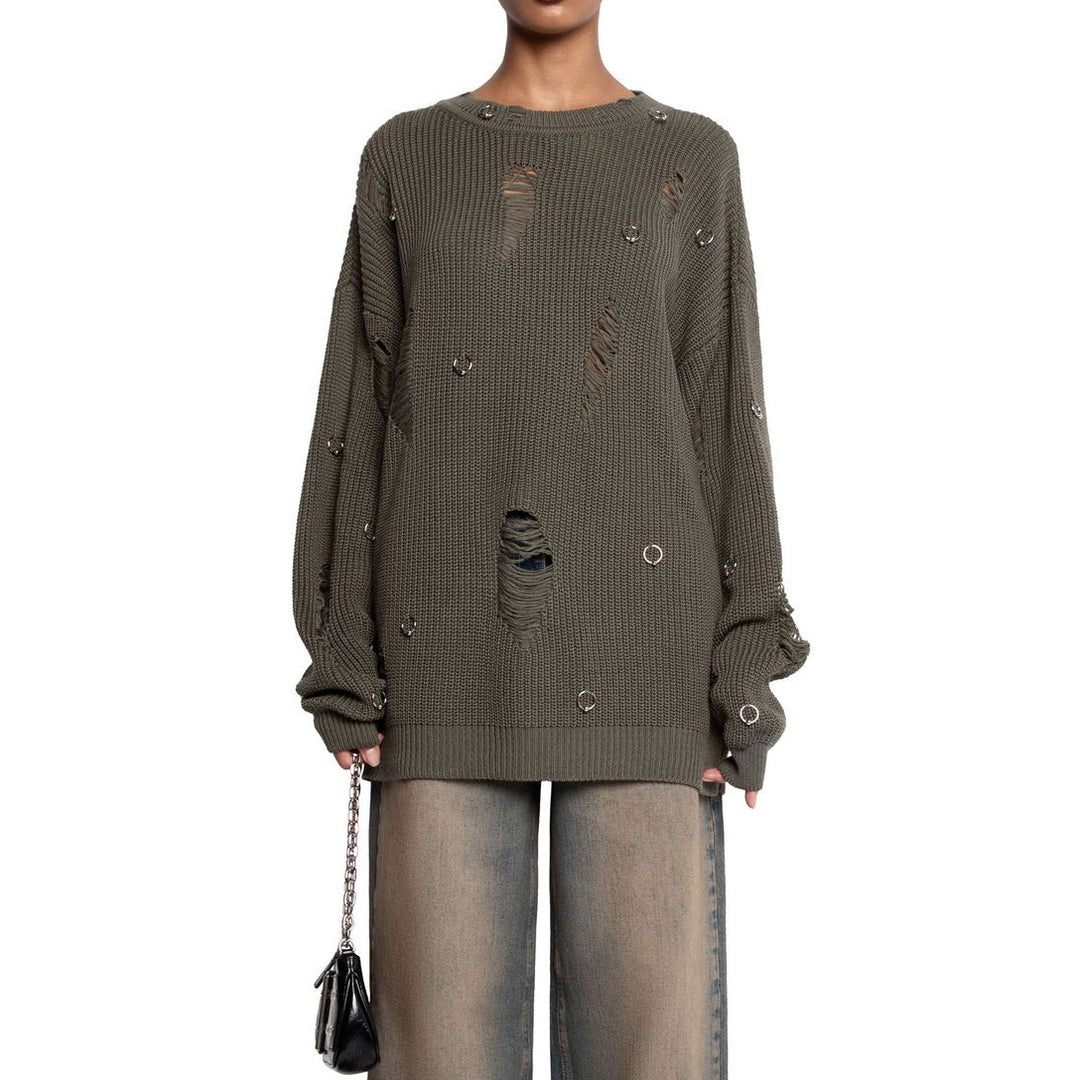 Damen lässiger Pullover mit modischen Rissdetails und Schmuck-Applikationen Drune