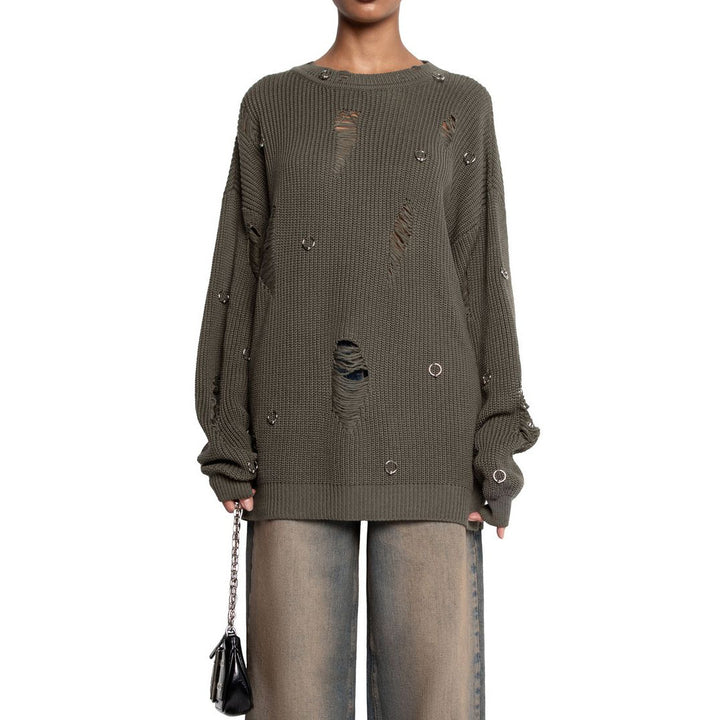 Damen lässiger Pullover mit modischen Rissdetails und Schmuck-Applikationen Drune