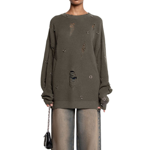Damen lässiger Pullover mit modischen Rissdetails und Schmuck-Applikationen Drune