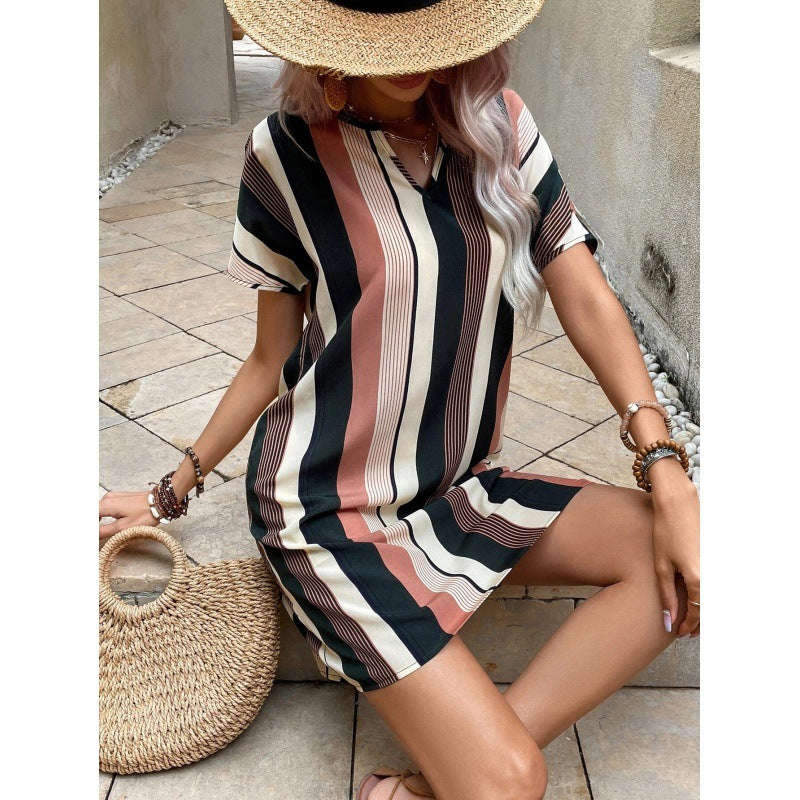 Damen Kurzarm Kleid mit modernem Streifenmuster und lockerer Passform Drune