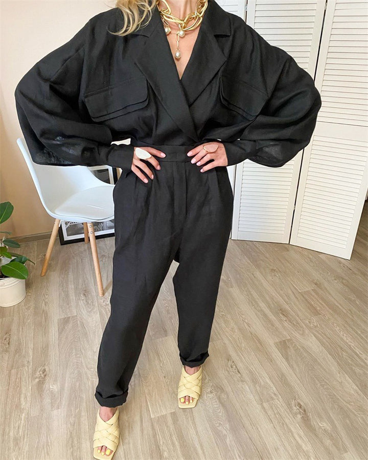 Damen modisches Leinen-Jumpsuit mit voluminösen Ärmeln und eleganter Bindegürtel Drune