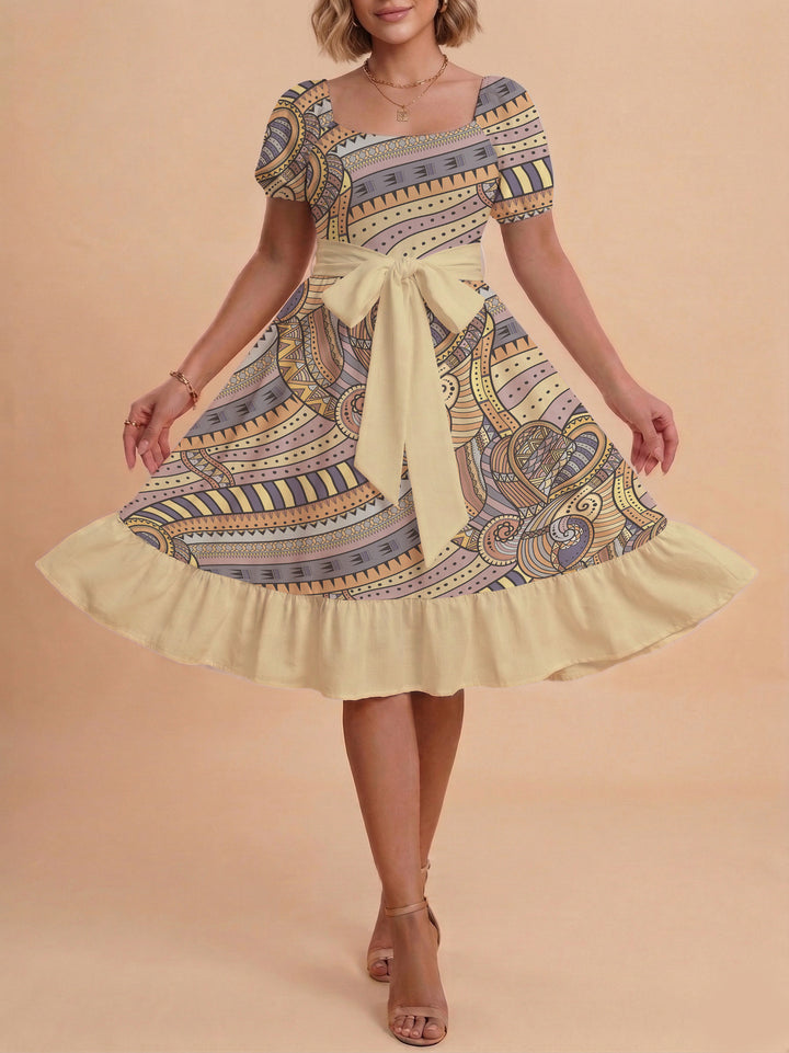 Damen elegantes Maxikleid mit floralem Design und Taillengürtel Drune