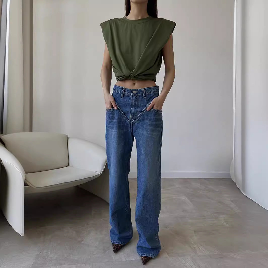 Damen nan hochgeschnittene weite Denim-Hose mit V-förmiger Bundnaht und extra-langem Bein Drune