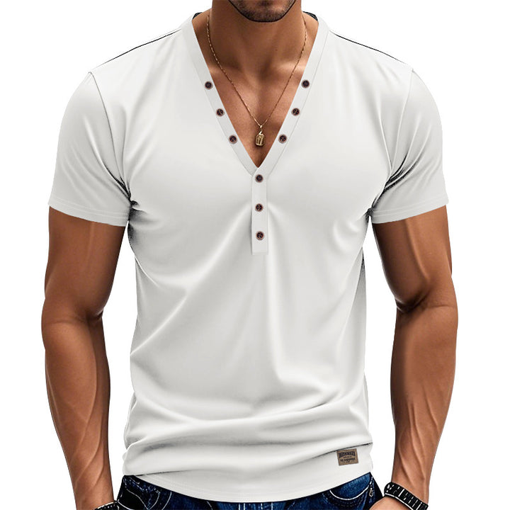 Herren nan tailliertes Kurzarm-Henleyshirt aus Baumwoll-Elasthan mit tiefem V-Ausschnitt und dekorativer Knopfleiste Drune