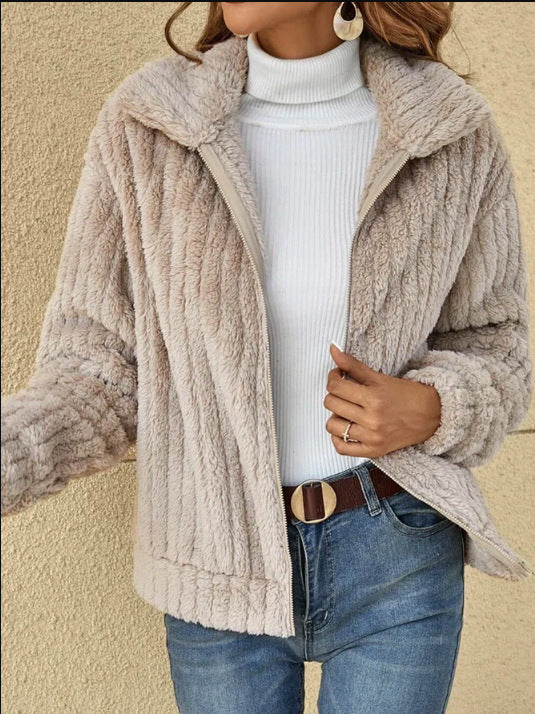 Damen Kuschelige Fleecejacke mit hohem Kragen und texturiertem Design Drune
