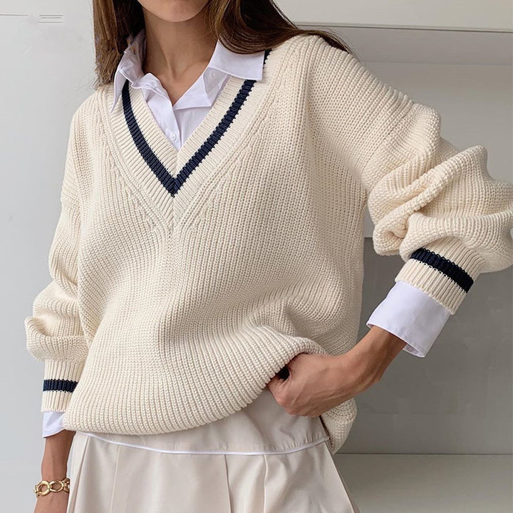 Damen trendiger V-Ausschnitt Pullover mit Puffärmeln und strukturiertem Gewebe Drune