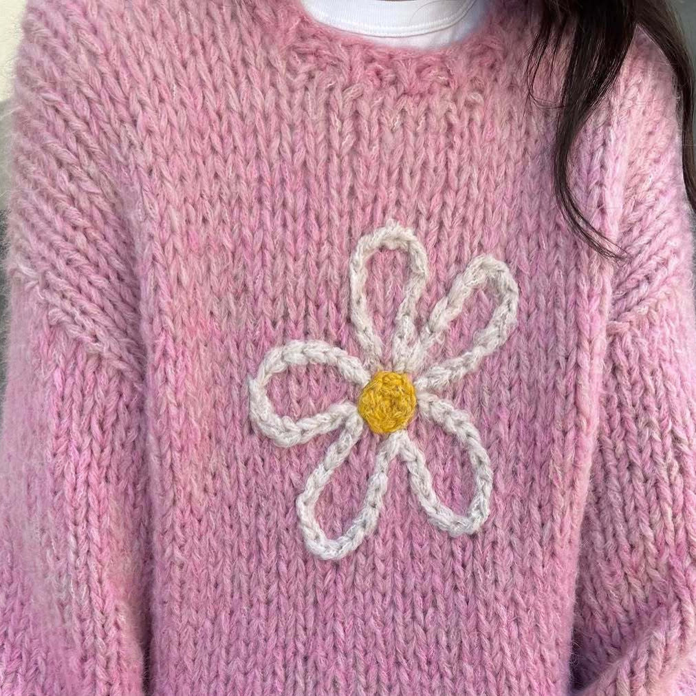 Damen lässiger Strickpullover mit floralem Motiv und oversized Schnitt Drune