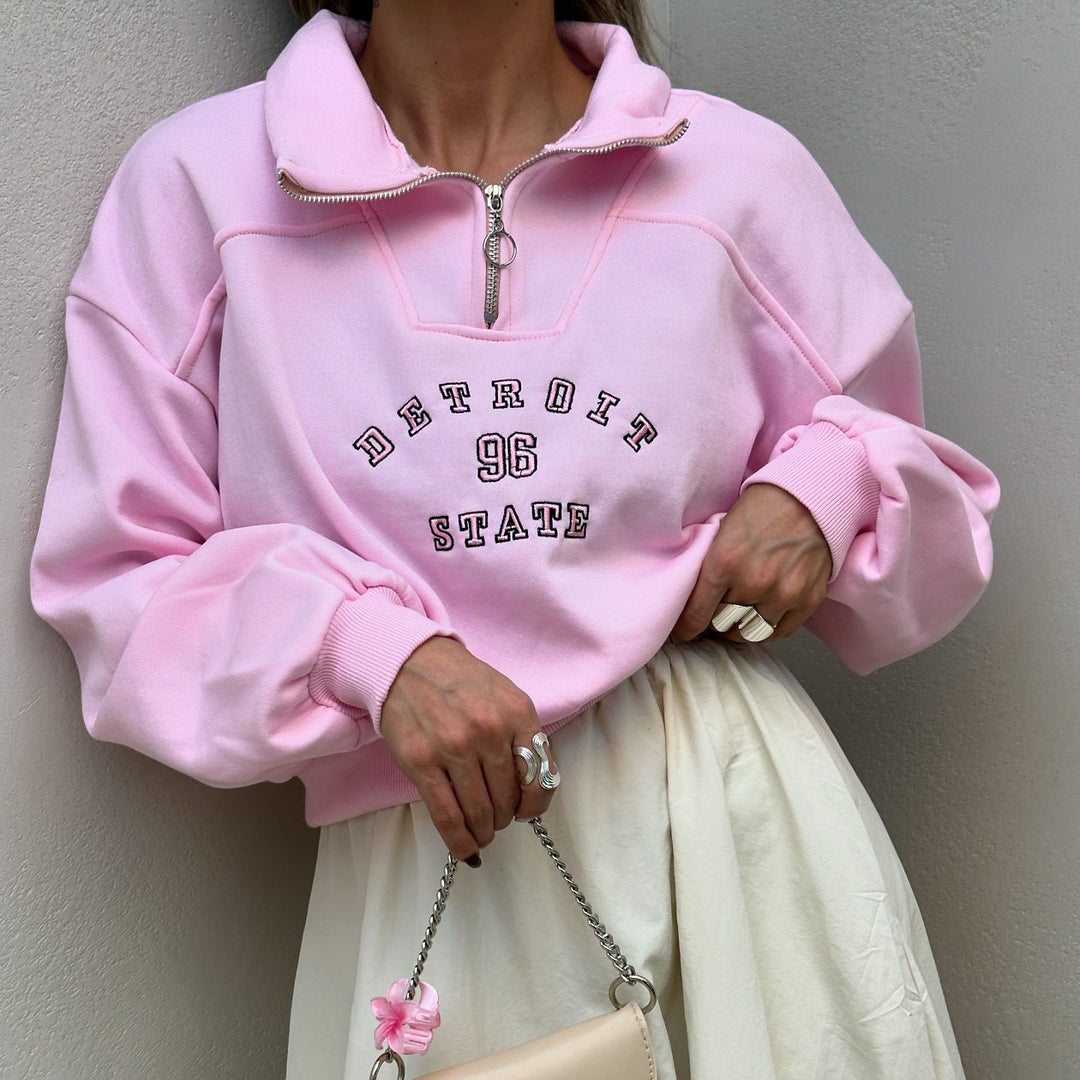 Damen Sweatshirt mit stylischem Stehkragen und Vintage-Print Drune