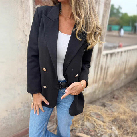 Damen Eleganter zweireihiger Blazer mit strukturiertem Stoff und goldenen Knöpfen Drune