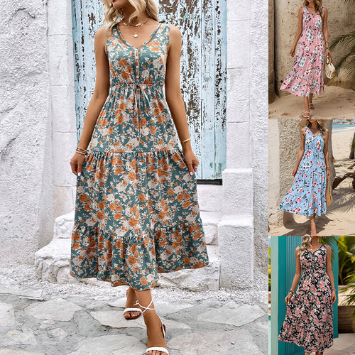 Damen Maxikleid mit floralem Design, elastischem Taillenzug und Rüschendetails Drune