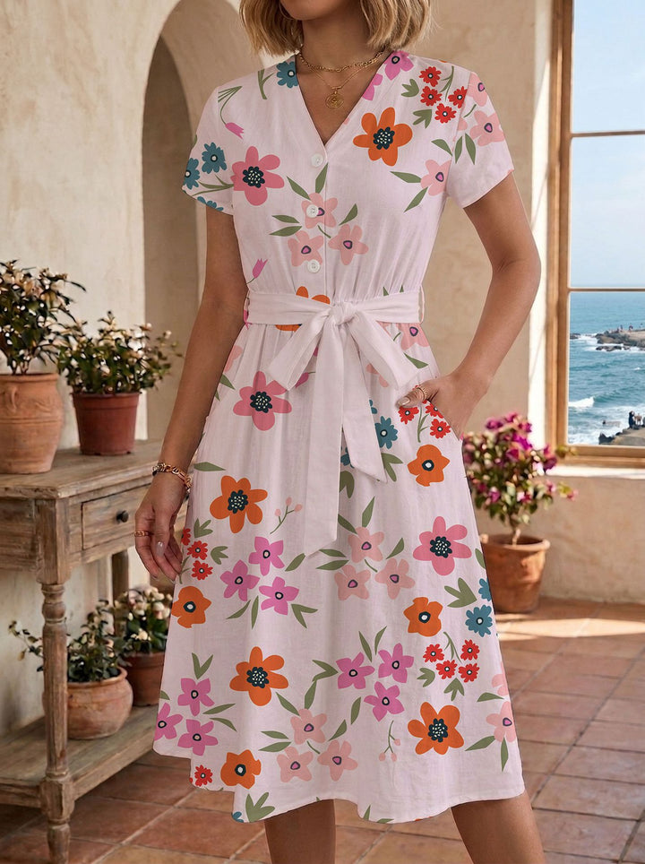 Damen lässiges Maxikleid mit taillierbarem Knoten und dekorativem Karomuster Drune