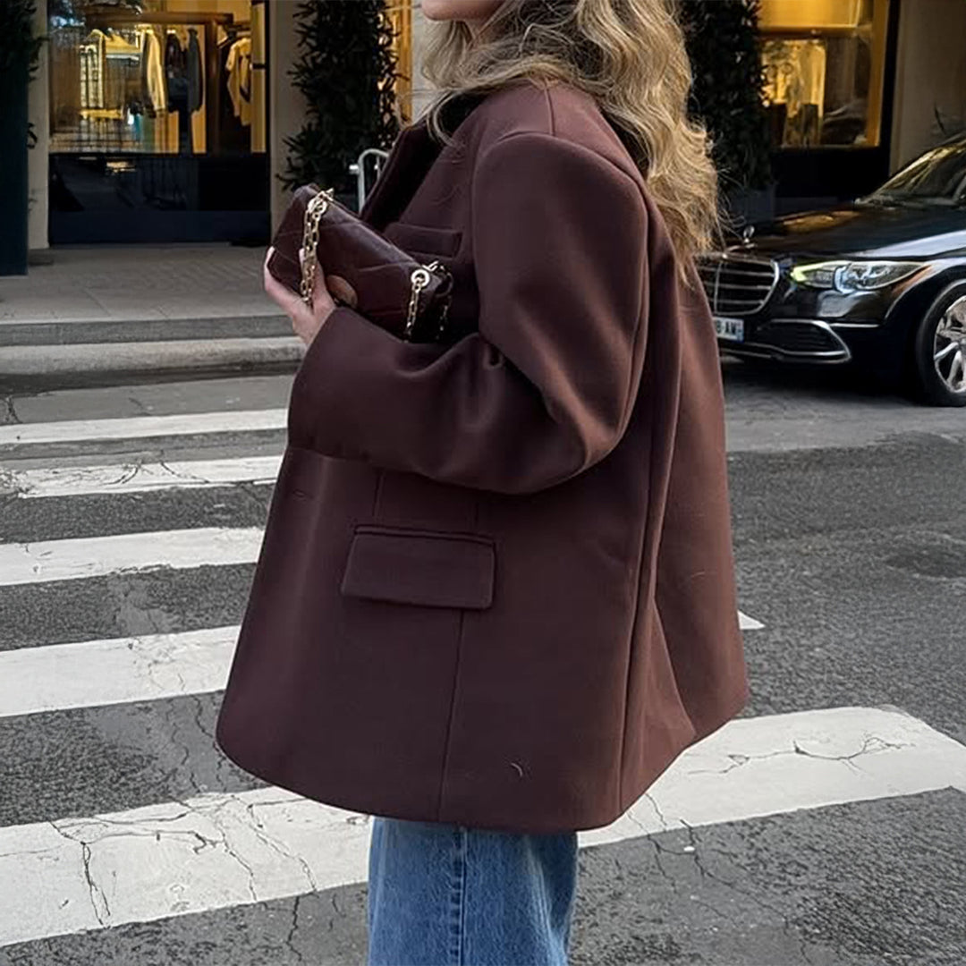 Damen nan oversized Longblazer mit kastigem Schnitt, Reverskragen, gefütterten Pattentaschen und strukturierter Wollmischung Drune
