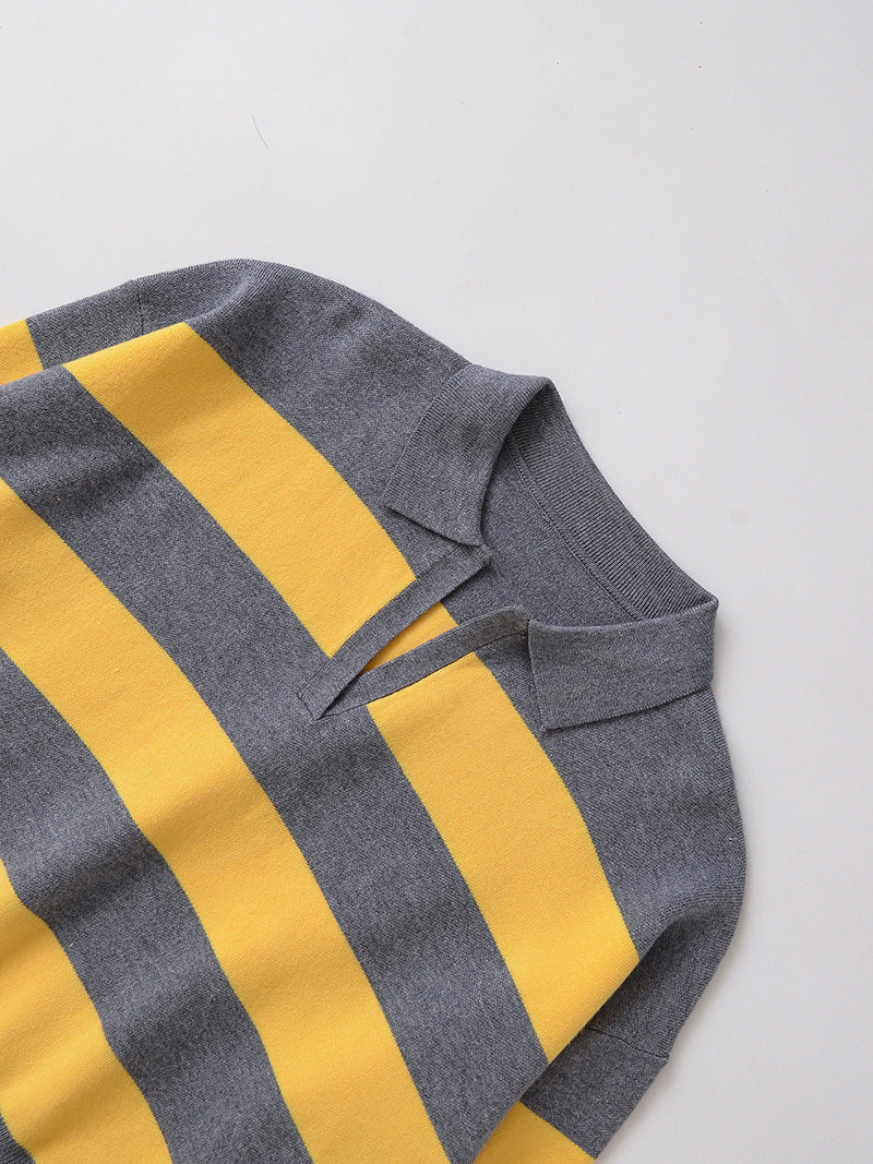 Damen lässiger Strickpullover mit stylisierten Streifen und Polokragen Drune