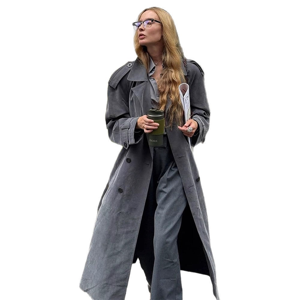 Damen eleganter Long-Trenchcoat mit strukturiertem Design und breitem Revers Drune