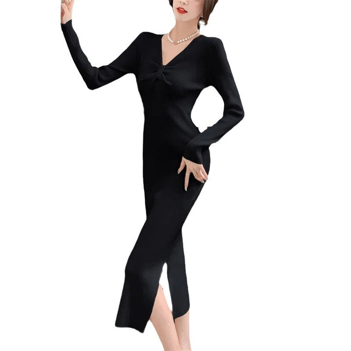 Damen Strickkleid mit tiefem V-Ausschnitt und Eleganter Rippstruktur Drune