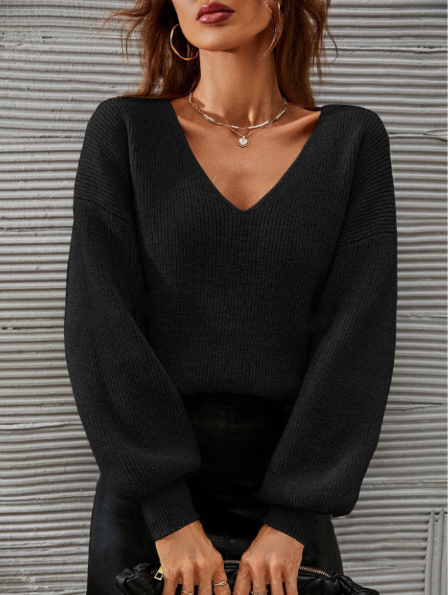Damen Viskose-Pullover mit tiefem V-Ausschnitt und lässigen Ballonärmeln Drune