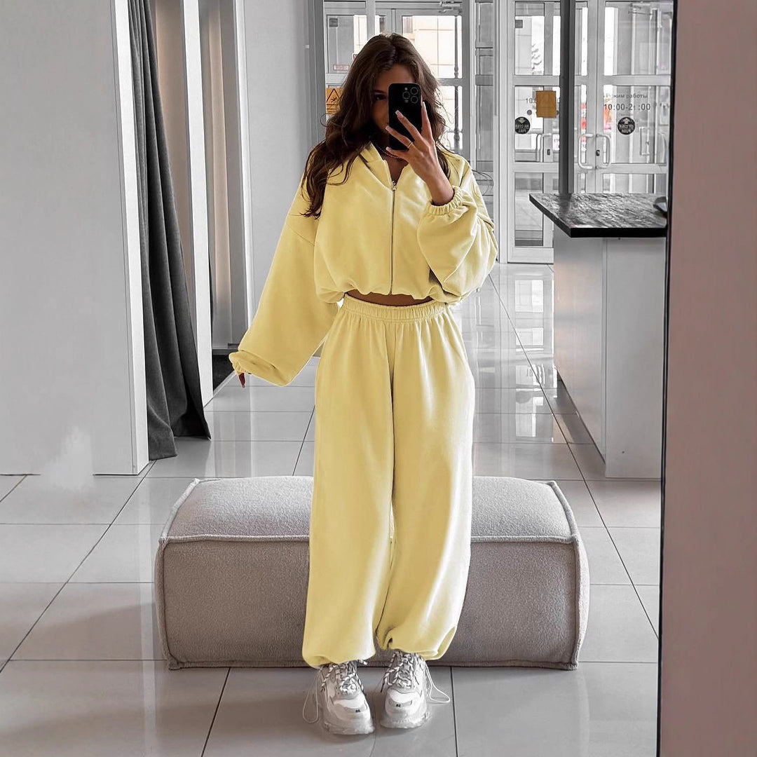 Damen nan oversized Kapuzenjacke mit durchgehendem Reißverschluss und Highwaist Gummibund-Jogginghose Set Drune