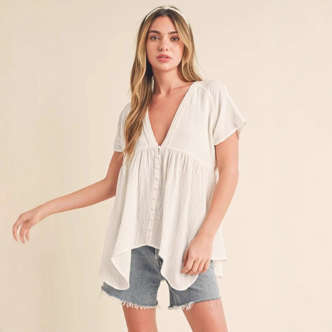 Damen lässige Hemdbluse mit V-Ausschnitt und asymmetrischem Saum Drune