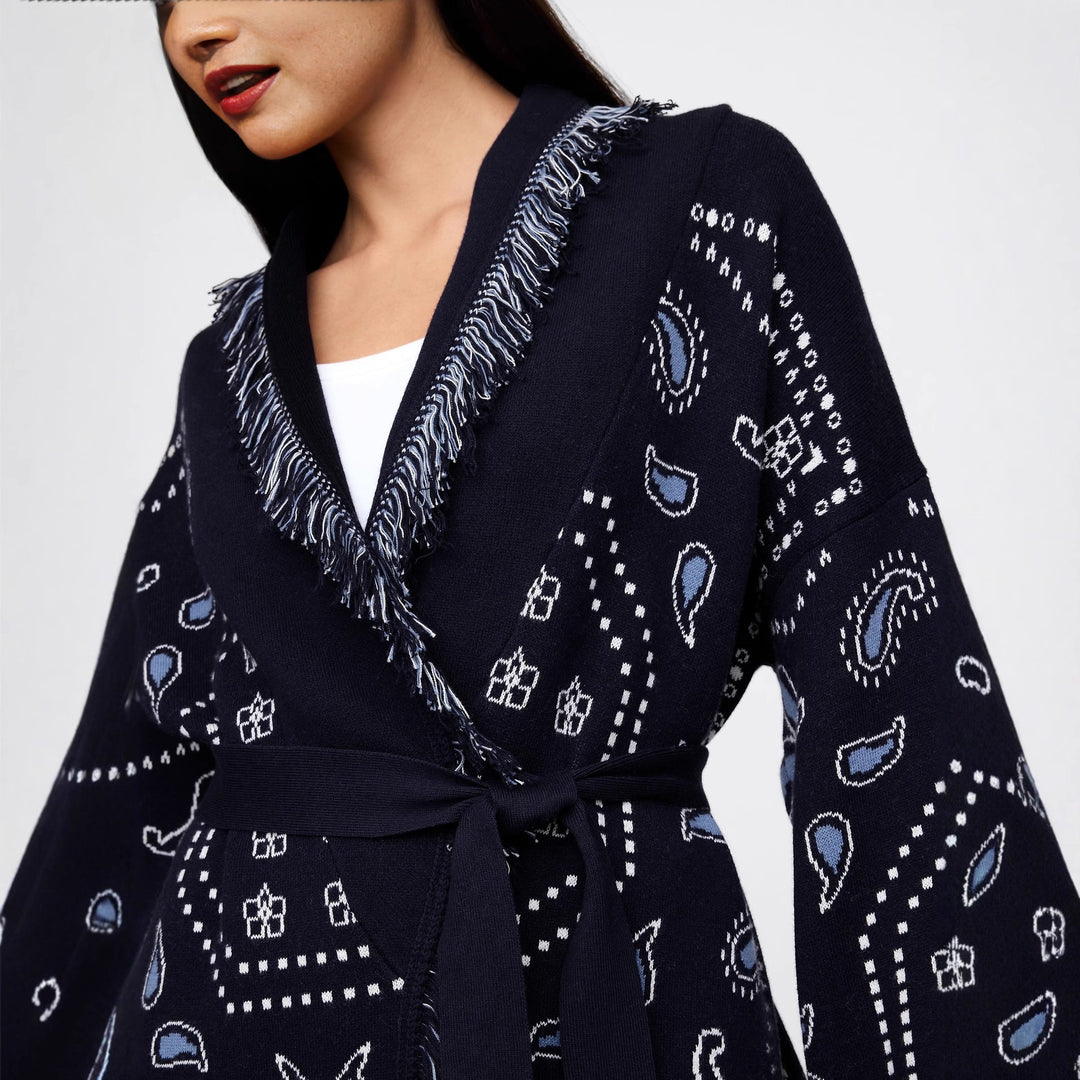 Damen Oversized Kimono-Weste mit raffinierten Fransen und buntem Paisleydruck Drune