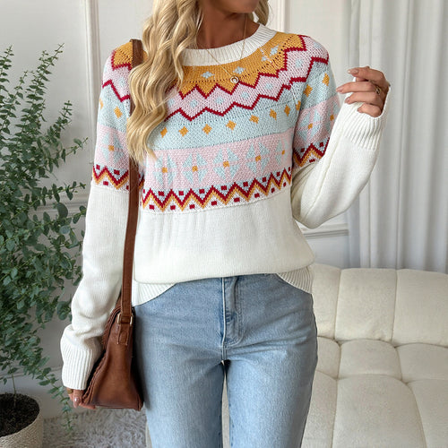 Damen modischer Pullover mit geometrischem Strickmuster und Rundhalsausschnitt Drune