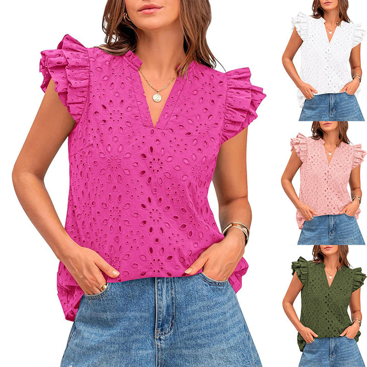 Damen Bluse mit Rüschenärmel und floralem Lochmuster Drune