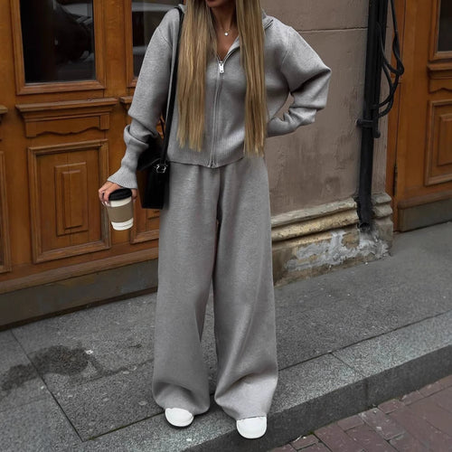 Damen Casual-Fleece-Jacke mit Reißverschluss und weiten Pants Drune
