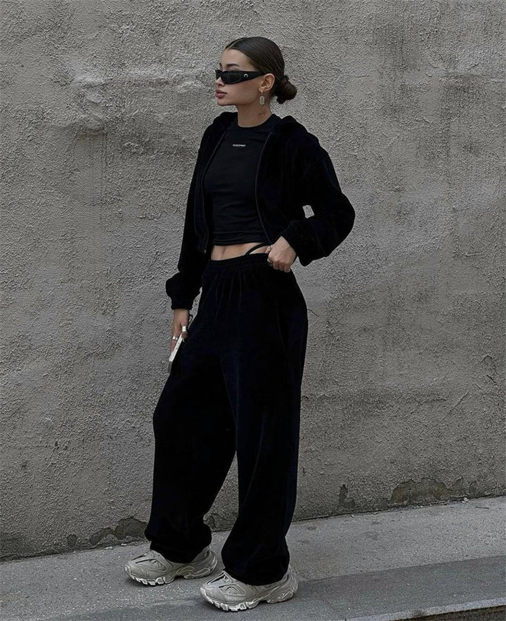 Damen nan Samt-Trainingsanzug zweiteilig mit cropped Kapuzenjacke und hoher Taille Jogginghose Drune