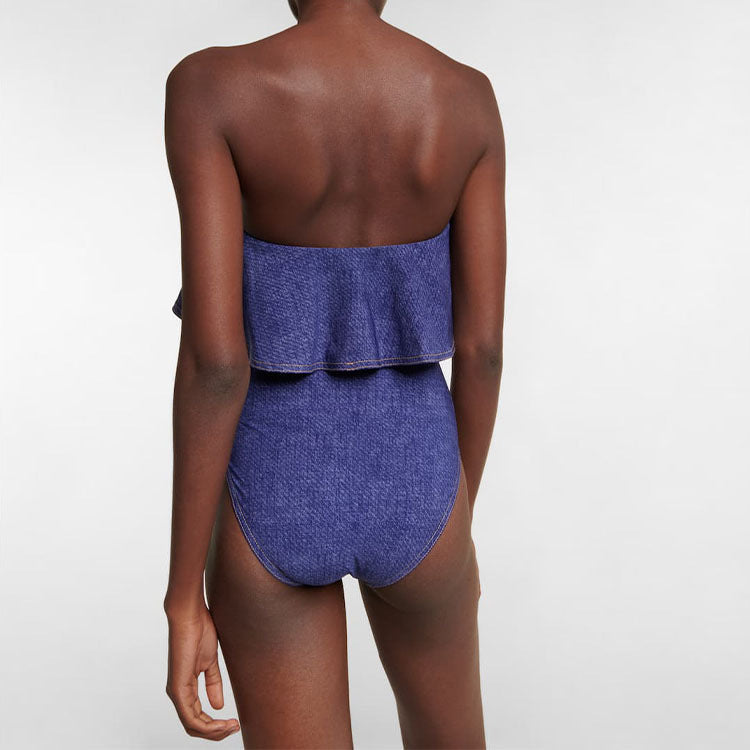 Damen Bandeau Badeanzug mit dekorativen Schleifen und gestreiftem Maxiröckchen Drune
