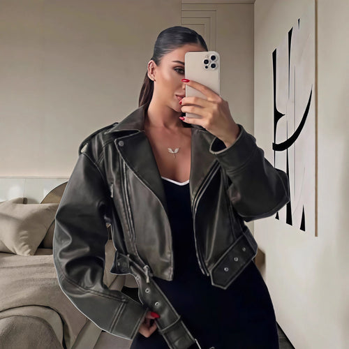 Damen cropped Kunstlederjacke mit asymmetrischem Reißverschluss und weichem Innenfutter Drune